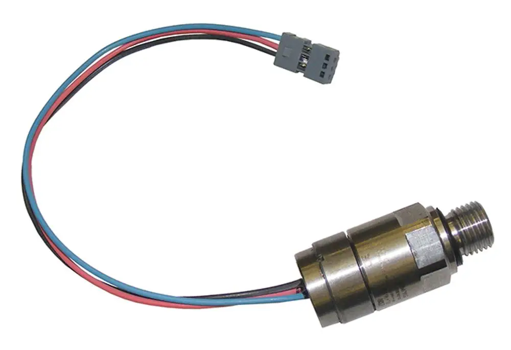 Syr Druckaufnehmer mit einer metallischen Gehäuse und drei farbigen Drähten zur elektrischen Verbindung. Das Produkt zeigt ein Gewinde für die Montage.